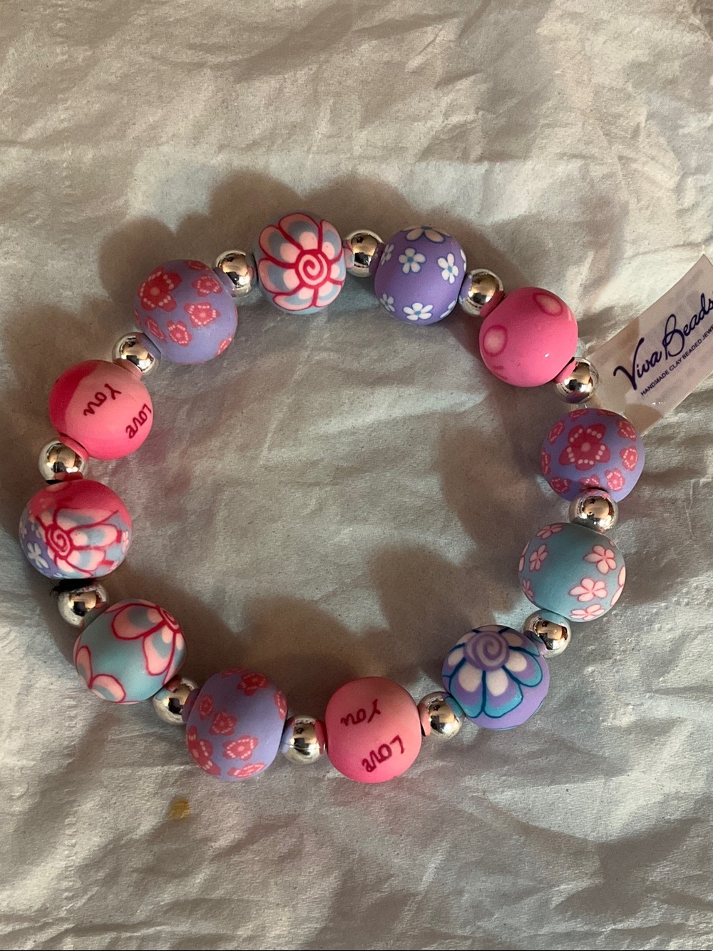 VIVA BEADS Woman’s  pink & Purple Floral Stretch Bracelet